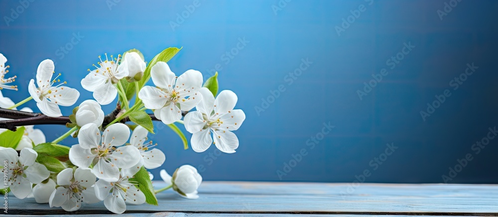 Poster a blossoming branch of an apple tree against a copy space image of a blue wooden background