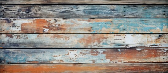 Obraz premium A background image featuring the texture of weathered peeling paint on old wooden boards of a shabby fence. with copy space image. Place for adding text or design