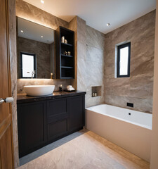 Modern Black Marble Bathroom with Wooden Accents and Glass Shower Enclosure