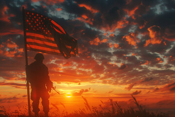 Soldier and USA flag on a sunrise background for Veterans Day. The image is highly detailed, 8k, and UHD