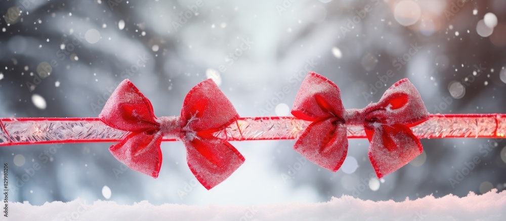 Poster A festive image of a Christmas tree limb adorned with cheerful red plastic bows stands against a beautiful snowy background creating a charming Christmas border. with copy space image