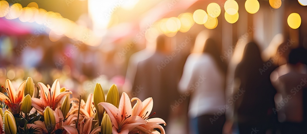 Aufkleber Image of people shopping at a flower market fair with a blurred background and bokeh effect. with copy space image. Place for adding text or design