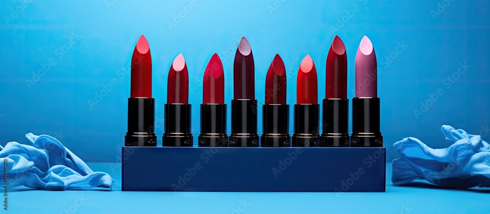 Poster A blue background with lipsticks that provides room for text. with copy space image. Place for adding text or design