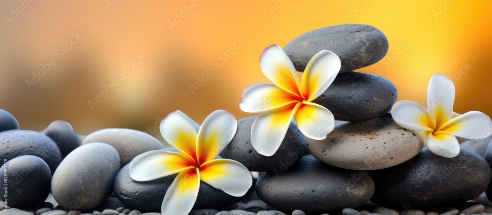 Aufkleber Frangipani flowers placed on a stack of stones create an eye catching display. with copy space image. Place for adding text or design