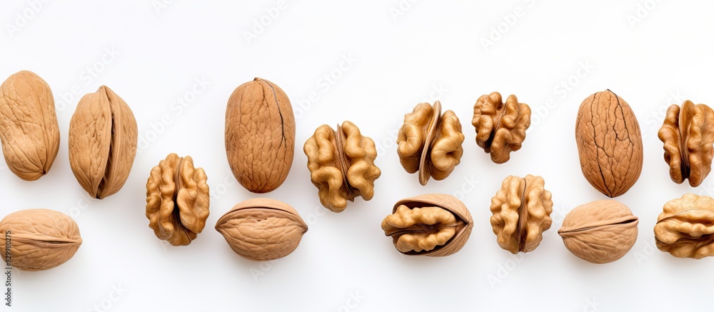 Poster A top down view of isolated walnut kernels on a white background with room for additional content in the image