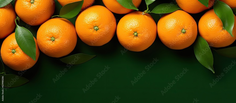 Aufkleber a top view of organic tangerines arranged on a green background suitable for a copy space image