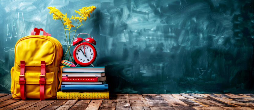 A yellow backpack with red straps, an alarm clock, and a stack of books on a wooden desk against a chalkboard backdrop.