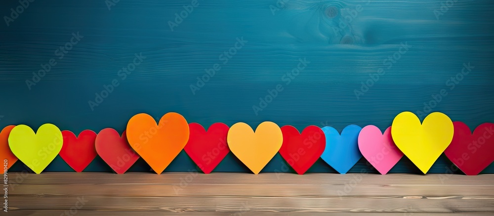 Poster A copy space image of colorful cardboard hearts placed on a wooden table with an empty space
