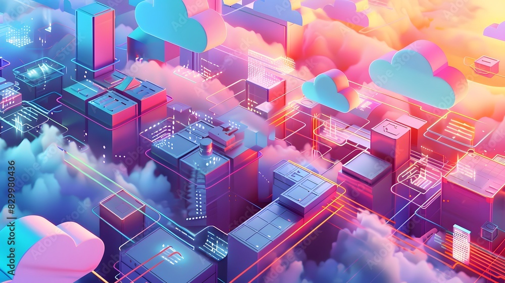 Poster a vibrant scene of cloud computing services, depicted as data and applications floating seamlessly b