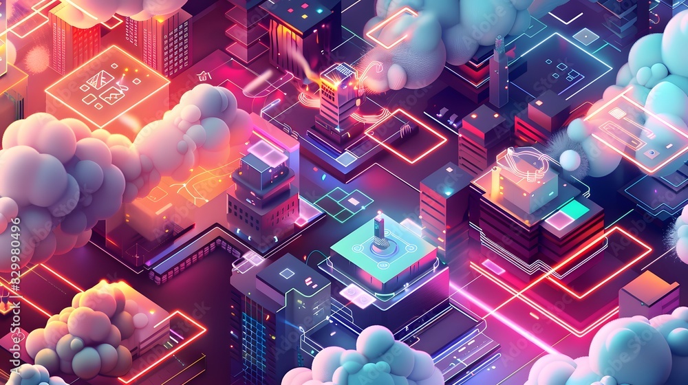 Poster a vibrant scene of cloud computing services, depicted as data and applications floating seamlessly b