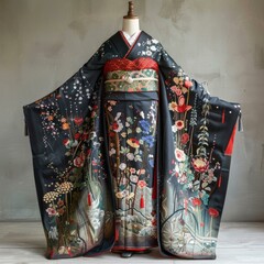 Naklejka premium A woman wearing a kimono with a floral pattern