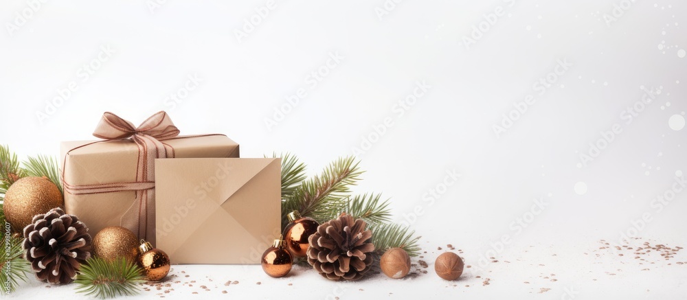 Poster A kraft envelope featuring a festive pine branch adorned with cones balls and gifts The background is white allowing for copy space in the image