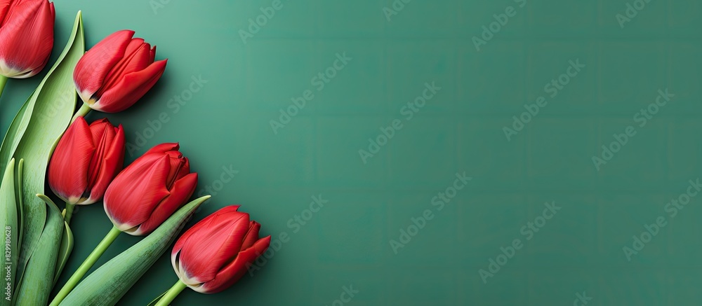 Poster top view copy space image of a bouquet of red tulips on a green background perfect for occasions lik