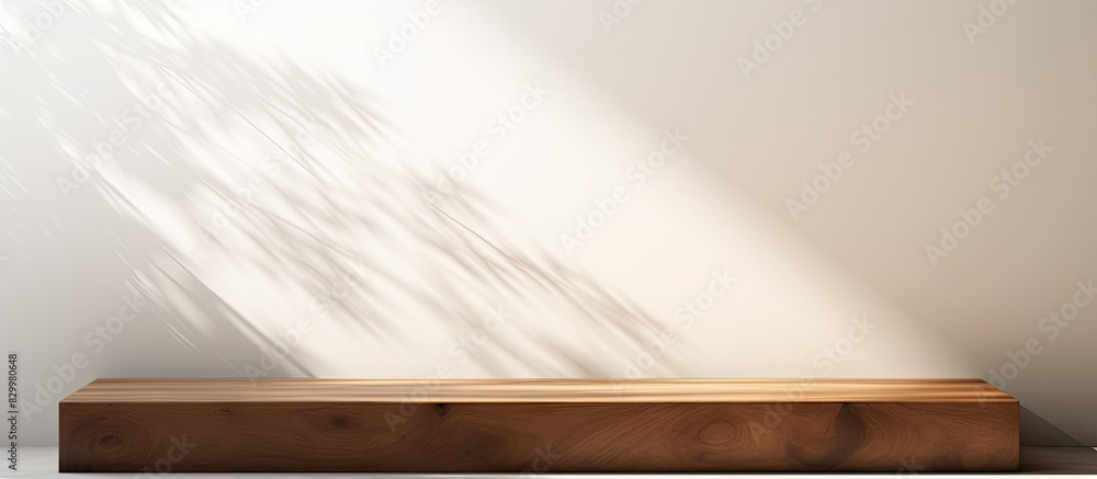 Poster empty copy space image of a wooden plank on a white wall background illuminated by sunlight casting 