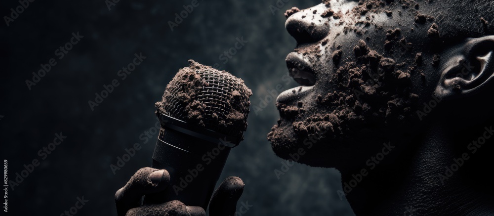 Poster a man holding a microphone with a black sponge creating a copy space image