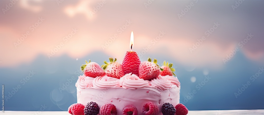 Poster close up copy space image of a beautiful pink birthday cake adorned with berries topped with a singl