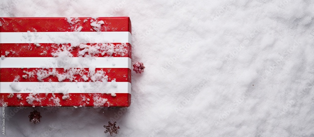 Poster A handmade box with red striped paper adorned with fir and snow represents the concept of Christmas and New Year Seen from above on a grey background there is ample copy space in the image