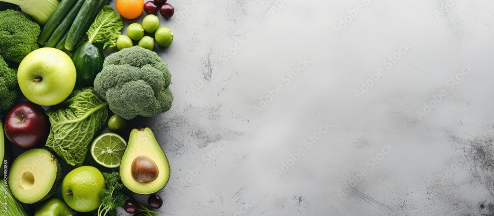Poster copy space image of fresh and green vegetables and fruits including lettuce cucumbers green onions a