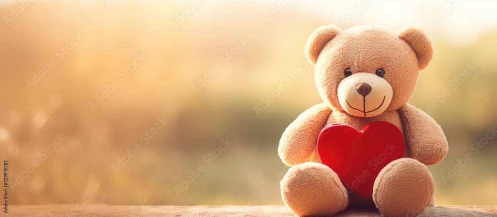 Poster a cute teddy bear with a heart shaped symbol depicting love. with copy space image. place for adding