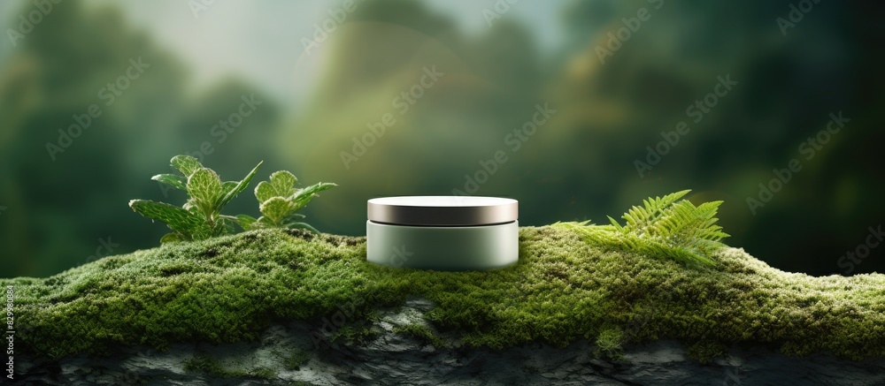 Poster copy space image of an organic cosmetic product presentation on a stone podium adorned with lush gre
