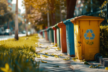 A row of vibrant recycling bins with symbols, lined up along a park sidewalk on a sunny day, with a bokeh background in high resolution photography. - Powered by Adobe