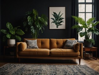 Stylish couch adorned with lush houseplants.