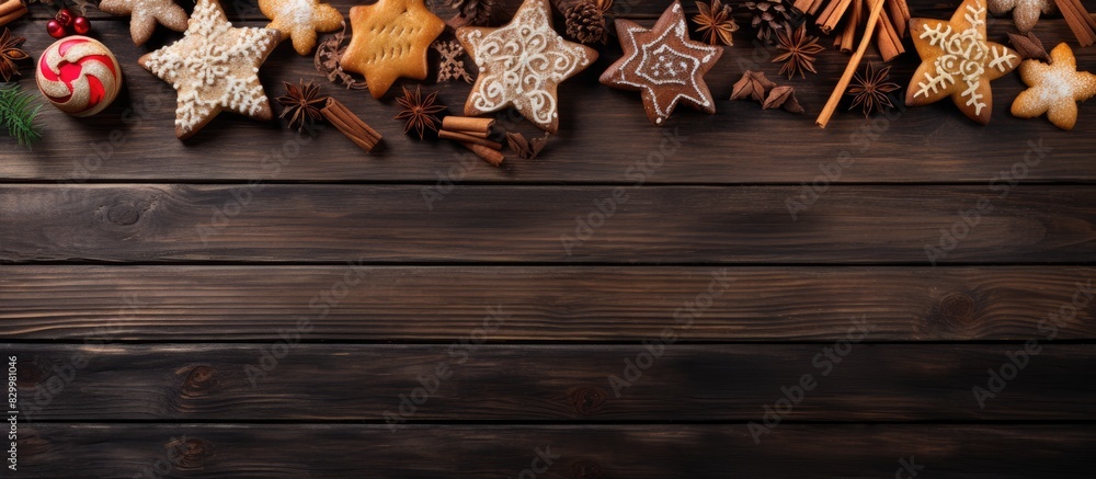 Poster A festive assortment of Christmas and New Year s cookies beautifully arranged on a wooden background with a view from above and plenty of empty space for adding images or text. with copy space image