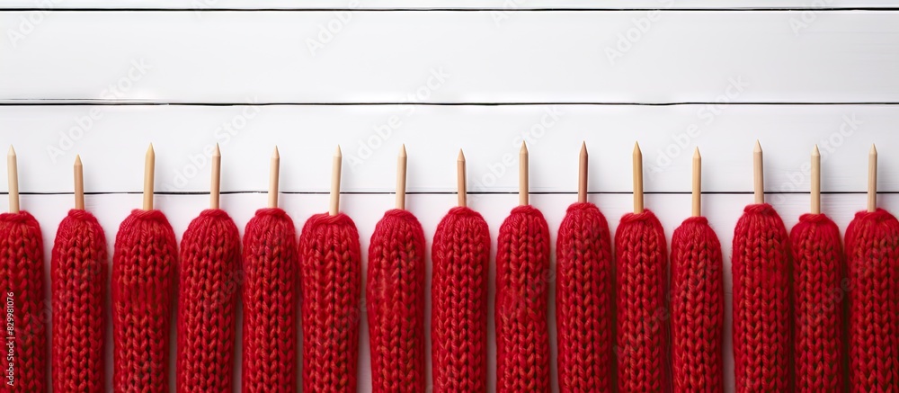 Poster a close up image of thin red patterned knitting needles being used to knit either sweaters or a scar