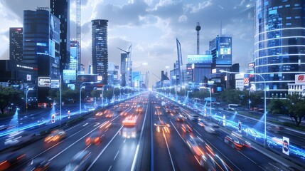 Fototapeta premium A cityscape transformed by 5G Technology, with ultra-fast, low-latency connections enabling smart vehicles, devices, and infrastructure
