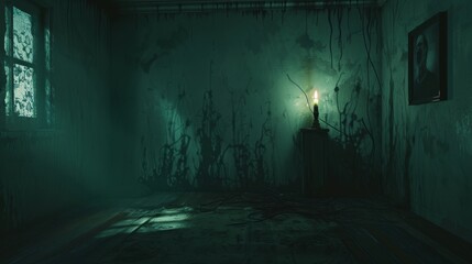 Nightmare-Inducing Shadows in a Dimly Lit Room with a Flickering Candle - Dark, Eerie Stock Photography for Halloween Posters or Horror Designs