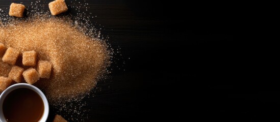 A flat lay image featuring brown sugar on a black table with copy space for text