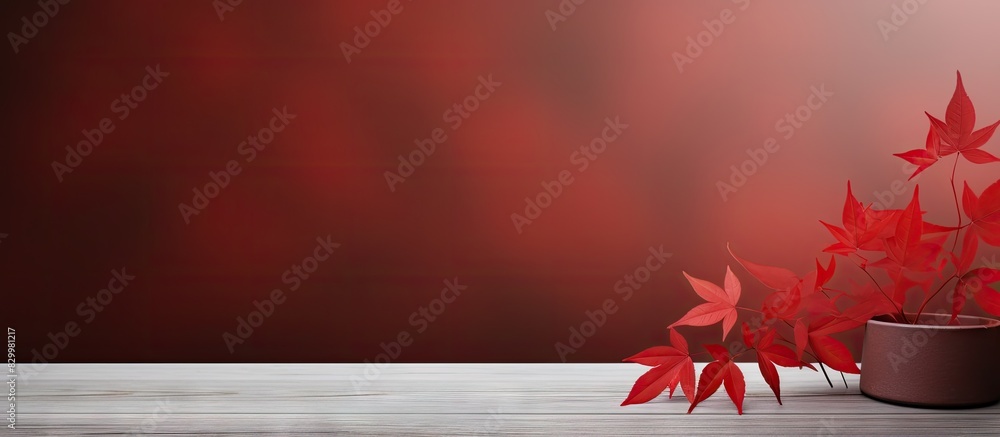 Poster minimalist background with autumn red leaves on a wooden podium perfect for showcasing products in a