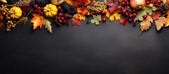 Autumn themed elements like leaves berries and vegetables beautifully arranged on a grey background creating a perfect copy space image for Thanksgiving day