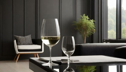 モダンな部屋、ワイングラス、漆黒の空間、くっきりとシンプルに、クールでスタイリッシュに表現 Generated by AI