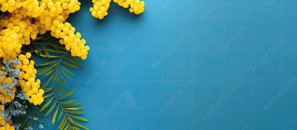Poster a festive gift and a mimosa flower in vibrant spring yellow set against a blue background the natura