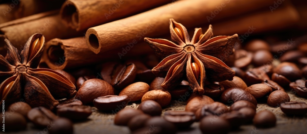 Poster Closeup of coffee beans and cinnamon sticks with copy space image