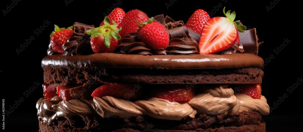 Poster a layered cake with three different types of chocolate souffle adorned with strawberries on a black 