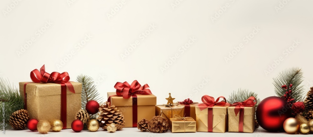 Poster a festive arrangement with christmas presents and ornaments on a blank white surface serving as a co