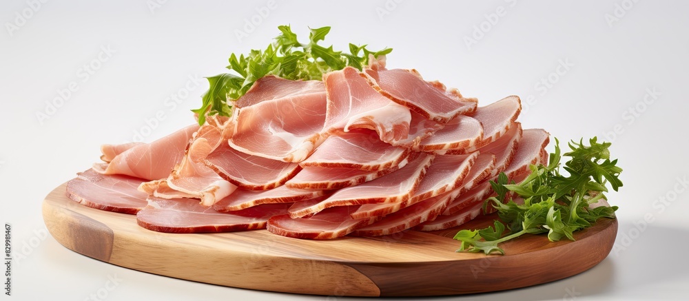 Poster a copy space image featuring a wooden board with delicious slices of ham arranged on a light colored