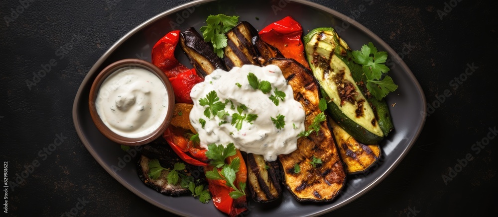 Poster the image displays a top view of grilled vegetables accompanied by a creamy yoghurt sauce with ample
