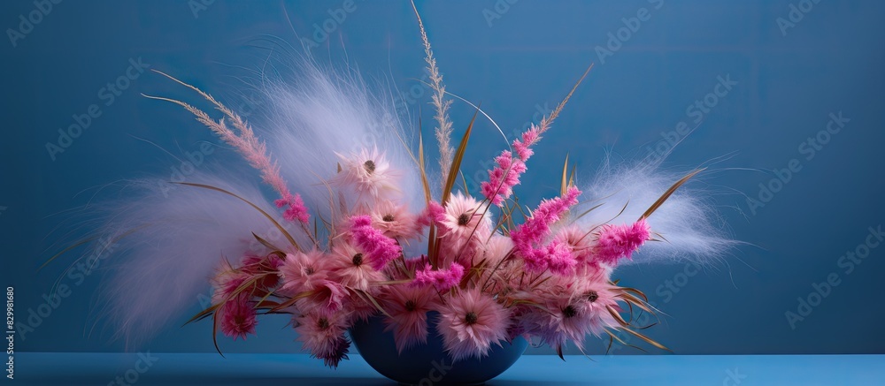 Poster a bouquet of pink flowers with hare tails is displayed in a blue vase creating a charming decoration