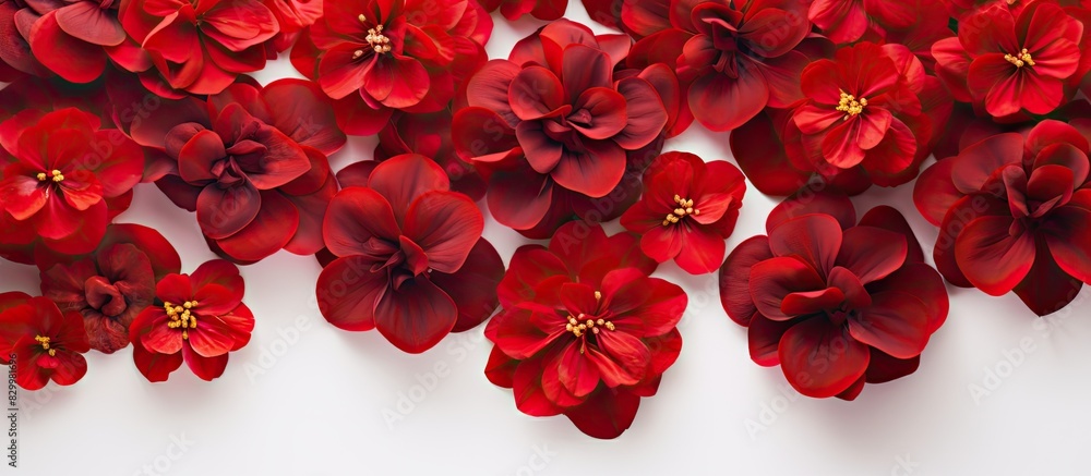 Aufkleber A pile of artificial red flowers arranged in a top down view for a textured background on a white surface Copy space image with a flat overhead perspective