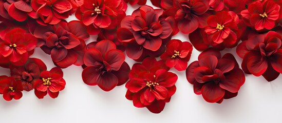 A pile of artificial red flowers arranged in a top down view for a textured background on a white surface Copy space image with a flat overhead perspective - Powered by Adobe