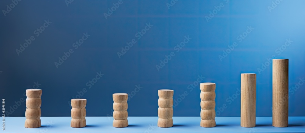 Poster a conceptual image of a staircase with five wooden pegs set against a blue background with ample cop
