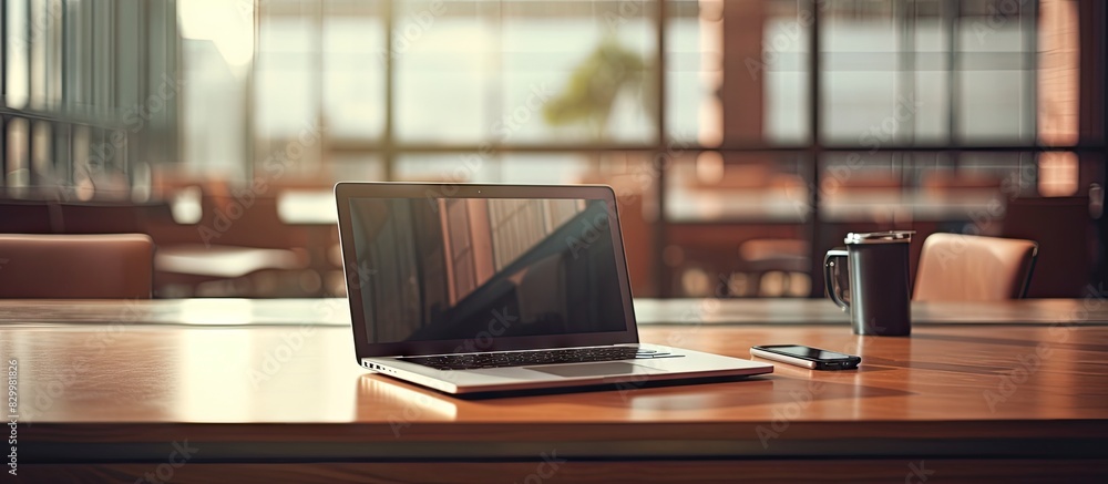 Poster An open laptop sits on a desk in a contemporary office setting with a clean and professional atmosphere The desk is uncluttered and there is a copy space image in the background