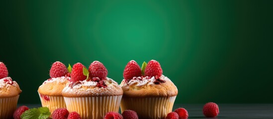 The appetizing muffins with creamy filling and fresh raspberries are beautifully presented on a...