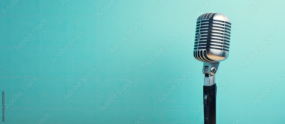 Poster a modern microphone stands against a blue background leaving plenty of copy space in the image