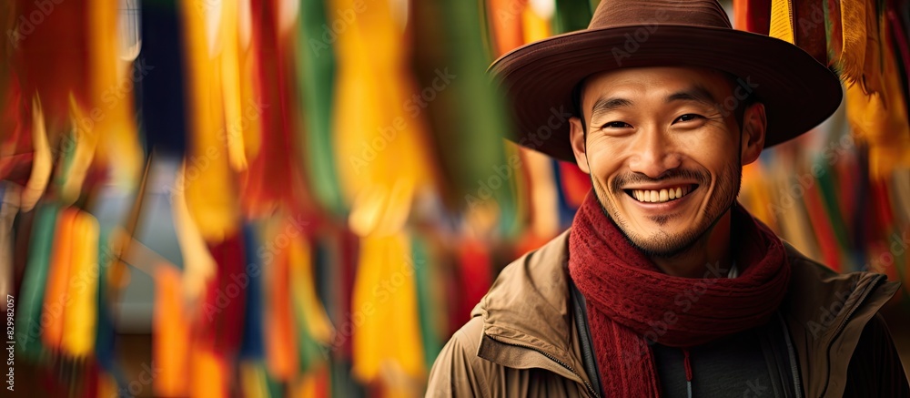 Poster an asian man with a happy expression gazes to the side while wearing a hat standing before tibetan b
