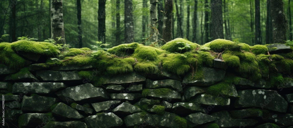 Poster An image of a moss covered stone wall in a serene forest setting. with copy space image. Place for adding text or design