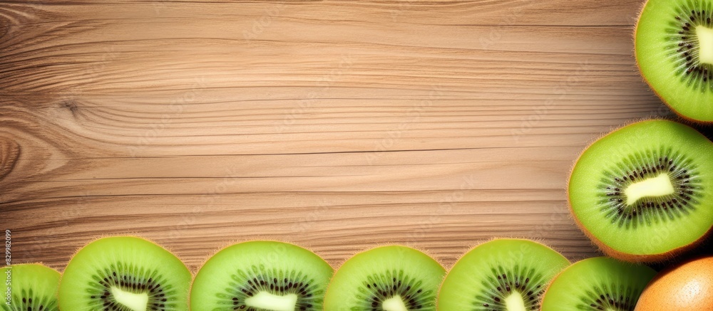 Poster design frame with kiwi on wooden background providing empty copy space for text